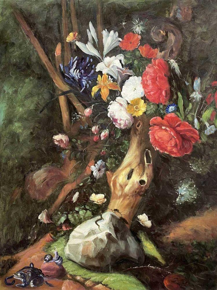 Flowers Around a Tree Trunk, with Insects and Other Animals Near a Pond