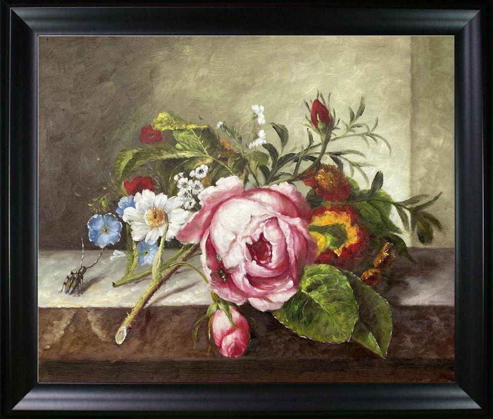 Spray of Flowers, with a Beetle on a Stone Balustrade Pre-framed - Black Matte Frame 20"X24"