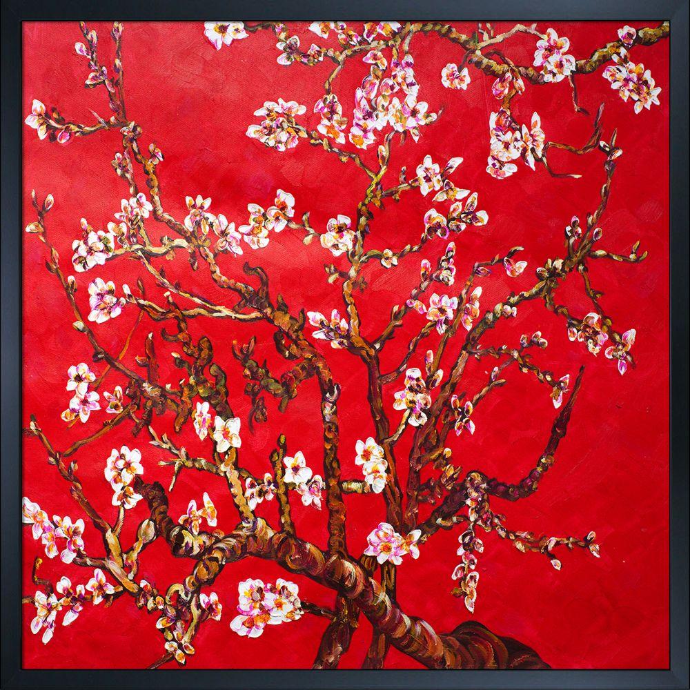 Branches of an Almond Tree in Blossom, Ruby Red Pre-Framed - Studio Black Wood Frame 24"X24"