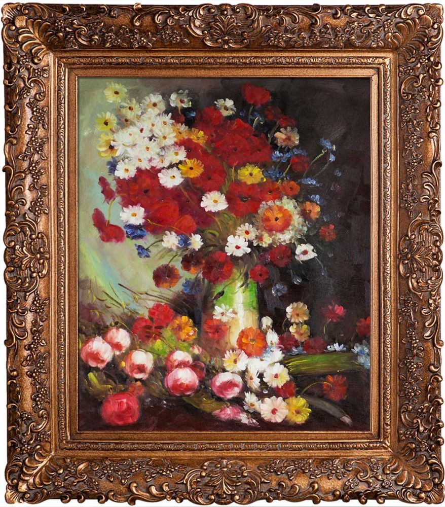 Vase with Poppies Cornflowers Peonies and Chrysanthemums Pre-Framed - Burgeon Gold Frame 20"X24"