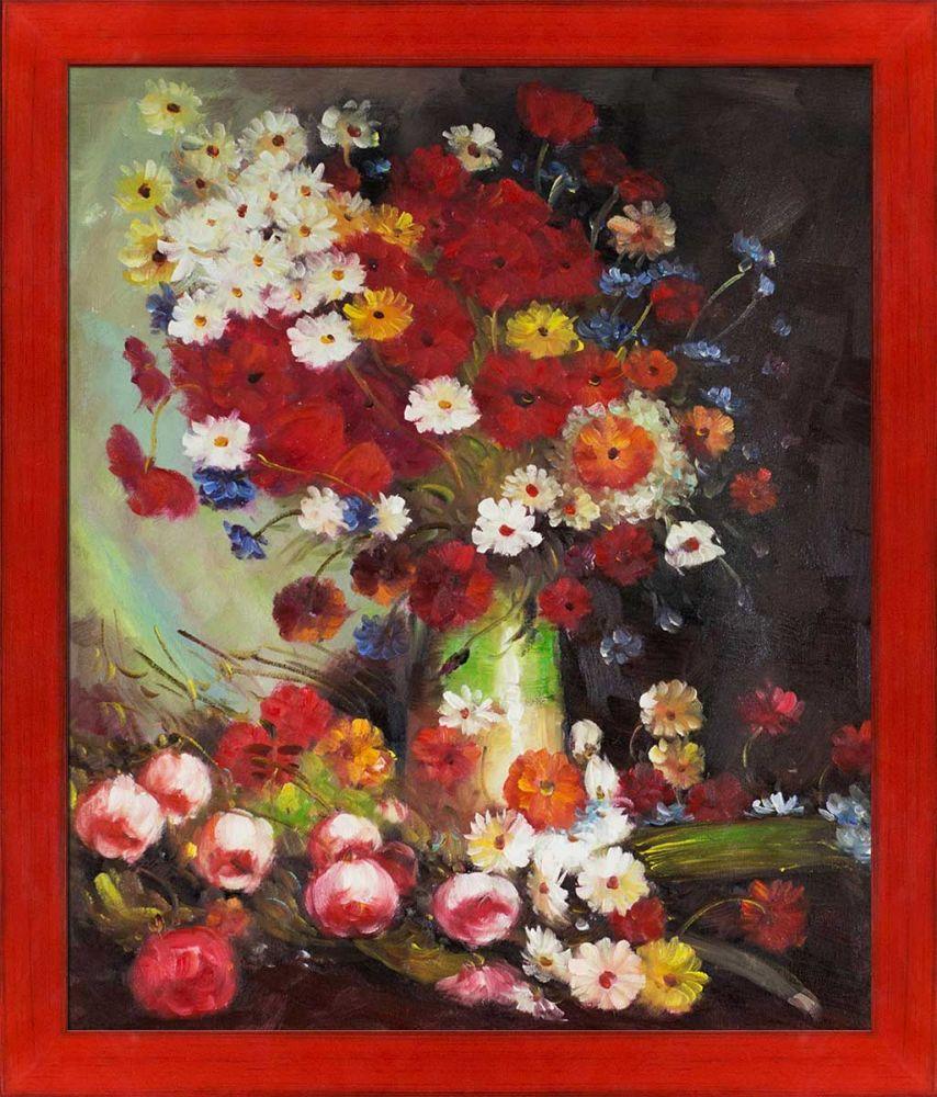 Vase with Poppies Cornflowers Peonies and Chrysanthemums Pre-Framed - Stiletto Red Frame 20" X 24"