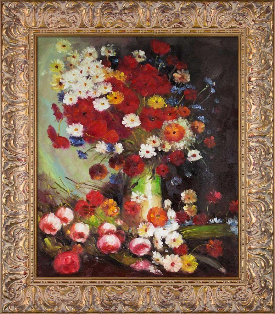 Vase with Poppies Cornflowers Peonies and Chrysanthemums Pre-Framed - Espana Gold Frame 20"X24"