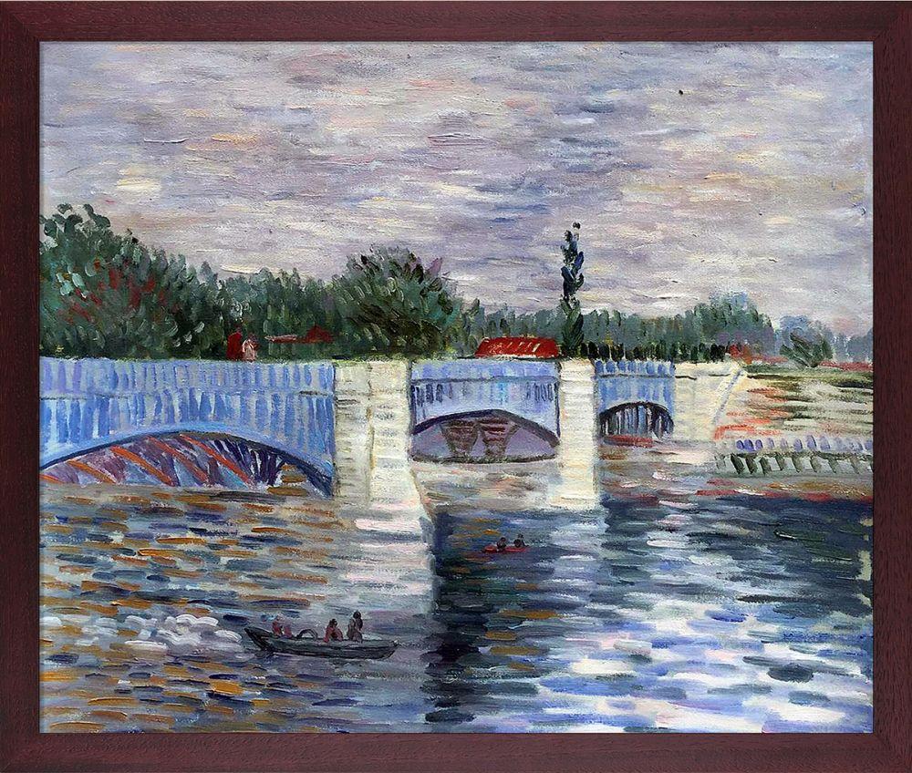 The Seine With the Pont de la Grande Jatte Summer Pre-Framed - Open Grain Mahogany 20" X 24"