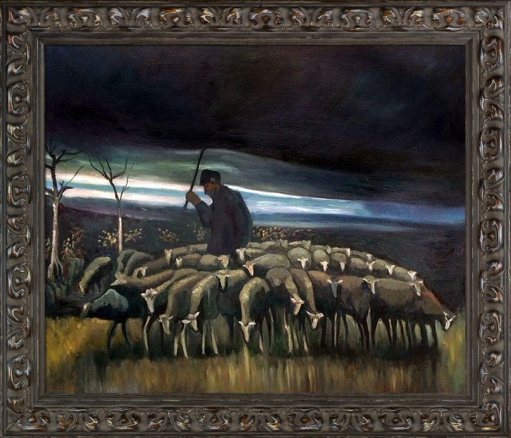 Shepherd with a flock of Sheep Pre-Framed - Brimfield Weathered Black Frame 20" X 24"