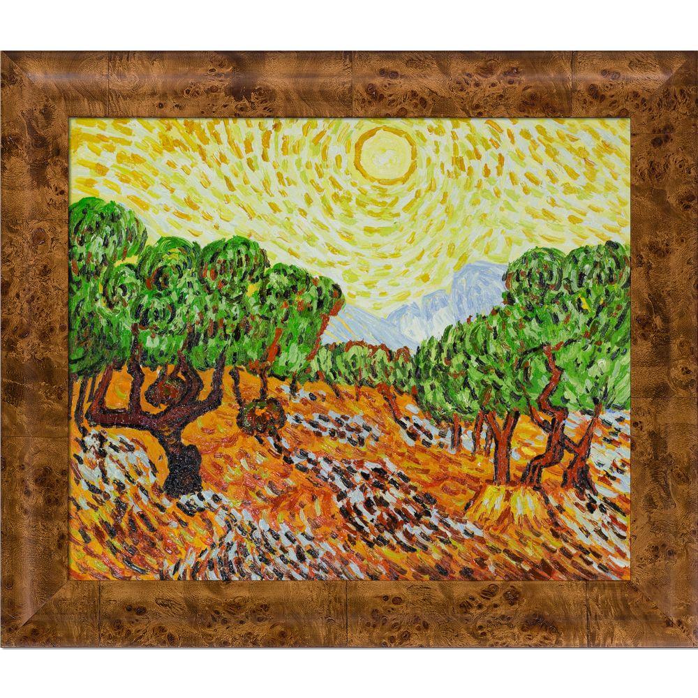 Olive Trees with Yellow Sun and Sky Pre-framed - Havana Burl Frame 20" X 24"