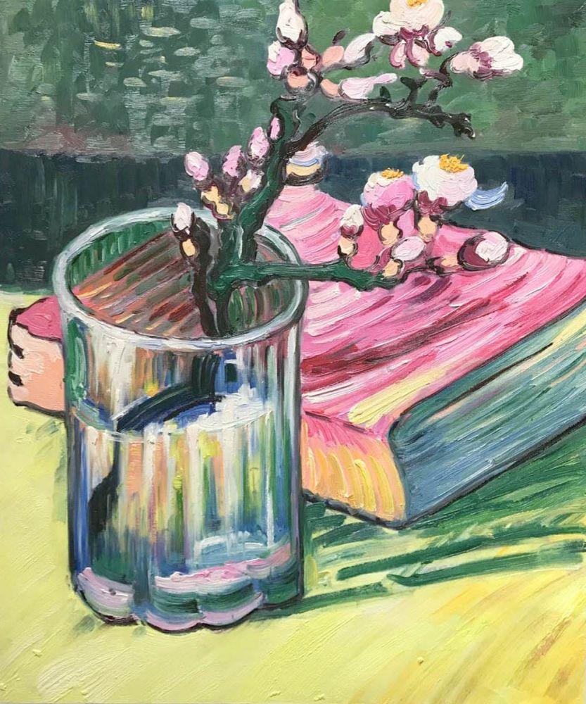 Blossoming Almond Branch in a Glass with a Book, 1888