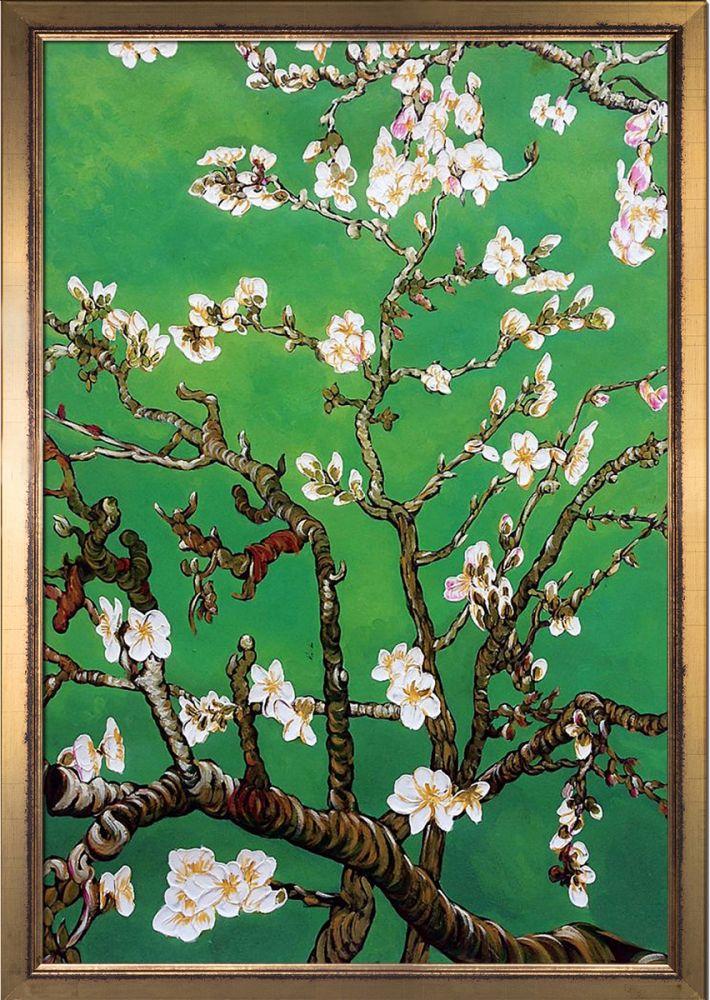Branches of an Almond Tree in Blossom, Emerald Green Pre-Framed - Burnished Gold Frame 24" X 36"