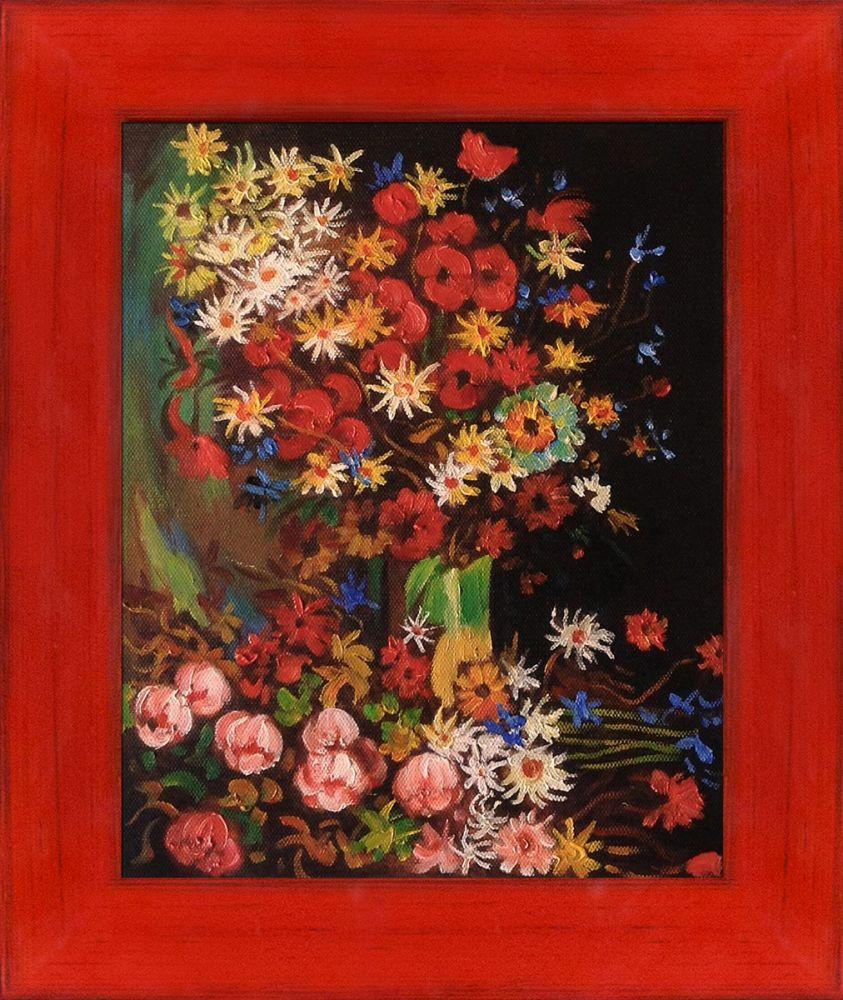 Vase with Poppies Cornflowers Peonies and Chrysanthemums Pre-Framed - Stiletto Red Frame 8" X 10"