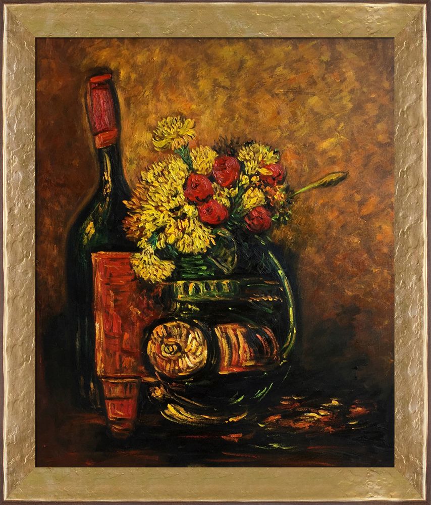 Vase With Carnations And Roses And A Bottle, Paris Preframed - Gold Luna Frame 20"X24"