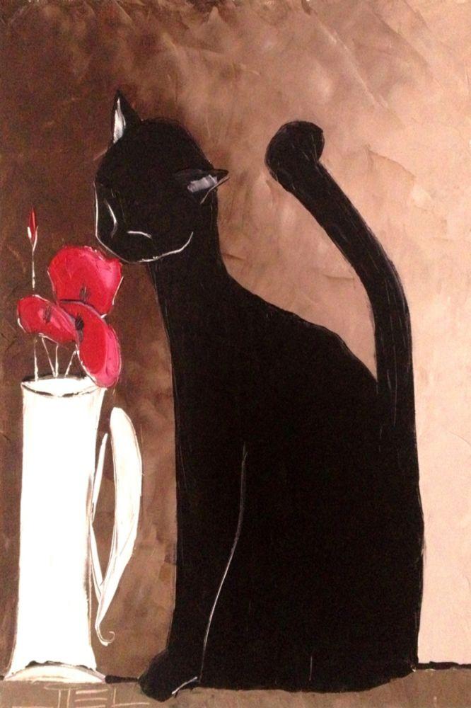 Black cat with poppies
