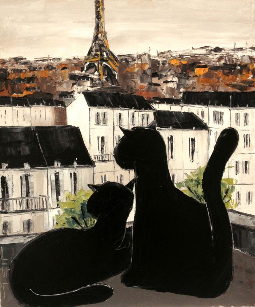 Black cat with his pretty on Paris roofs