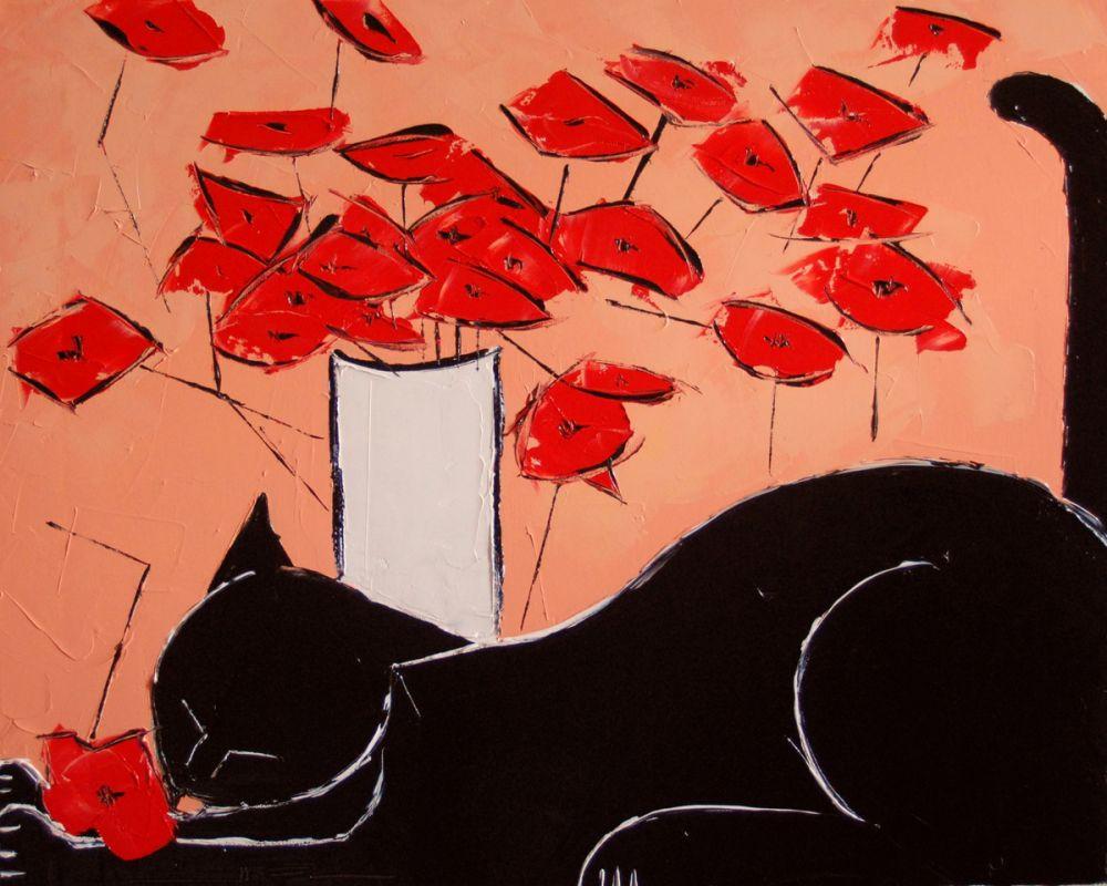 Black cat with poppies