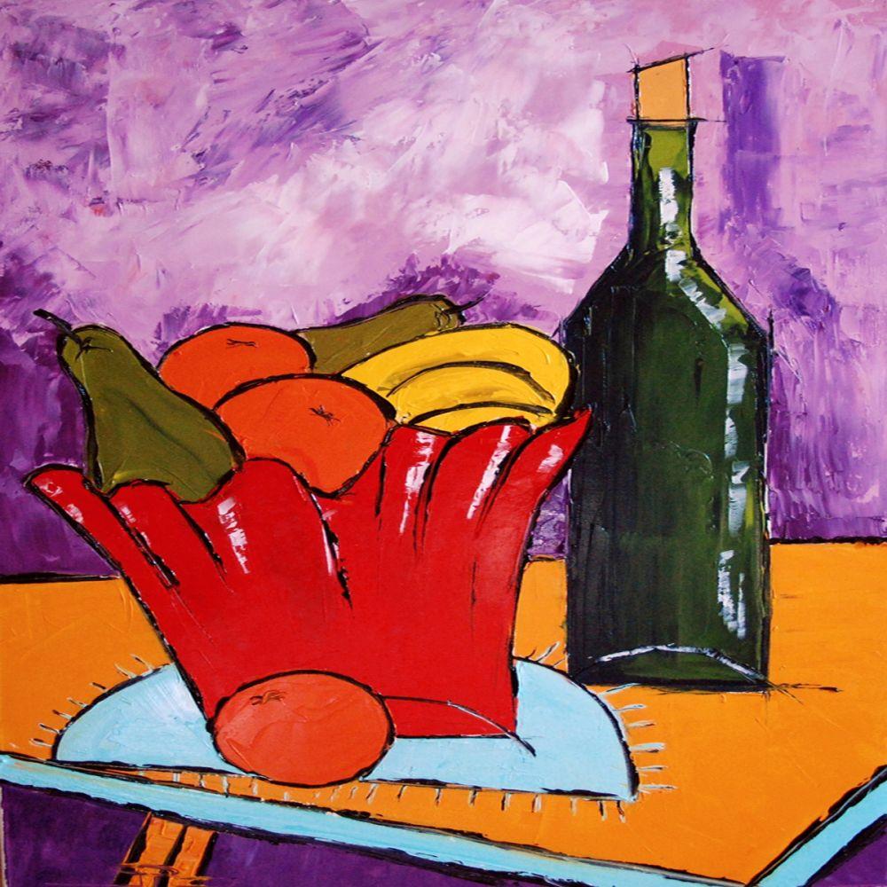 Still life with wine bottle and fruit