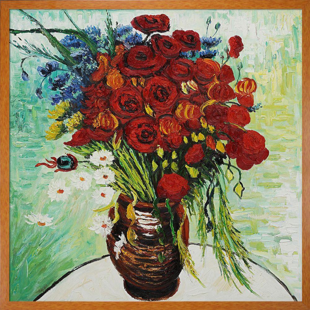 Vase with Daisies and Poppies Pre-Framed - Studio Pecan Wood Frame 24"X24"
