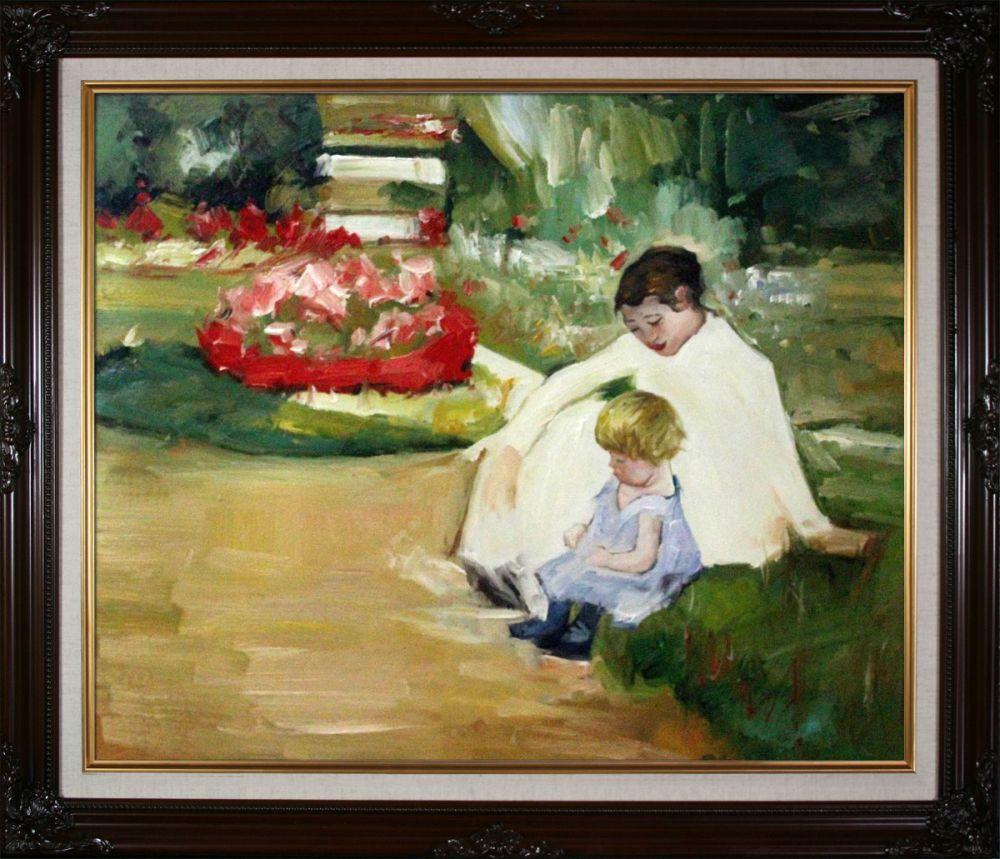 Woman and Child Seated in a Garden Pre-Framed - Vintage Cherry Frame 20"X24"