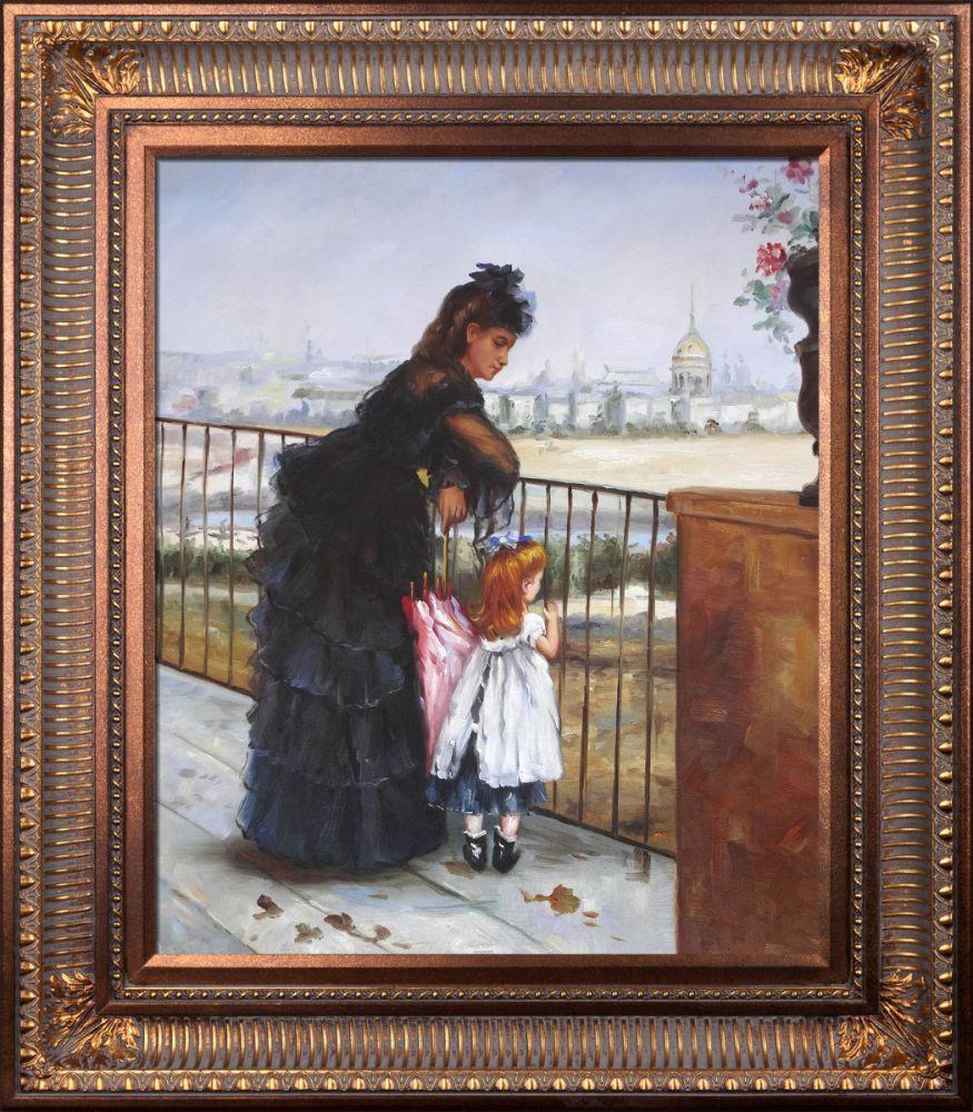 Woman and Child on a Balcony Pre-Framed - Regal Champagne Frame 20