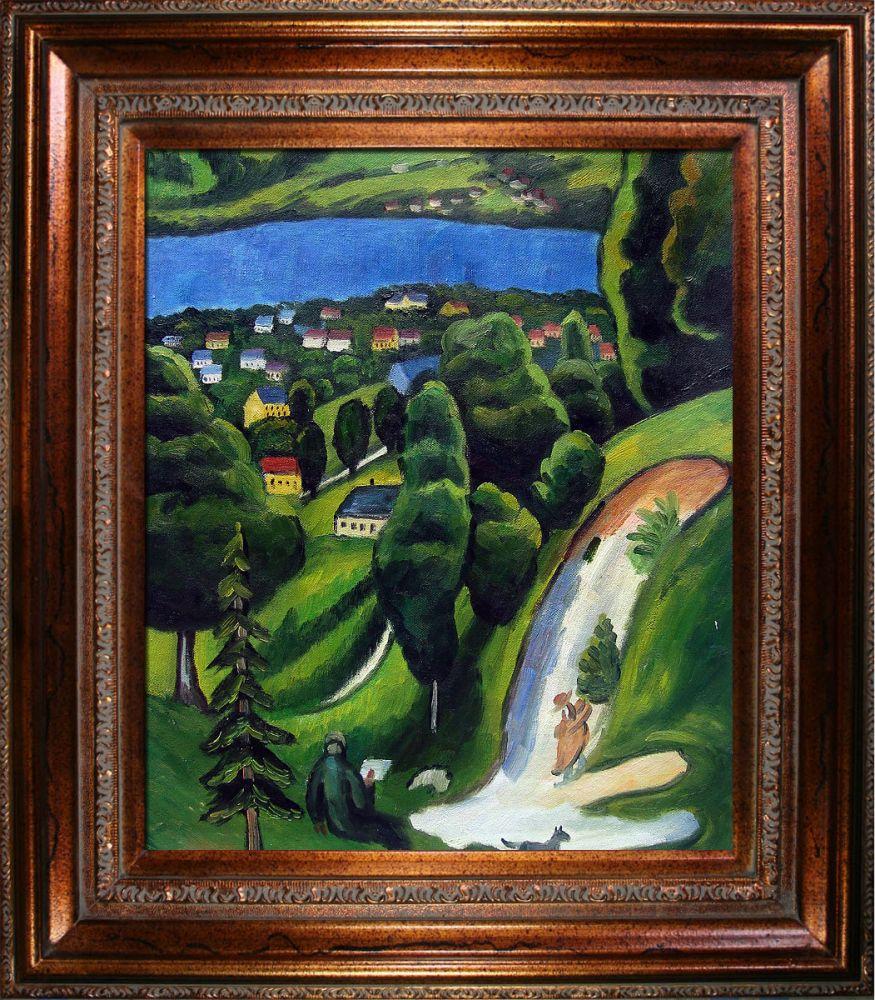 Landscape on the Teggernsee with a Reading Man Pre-Framed - Mediterranean Bronze Frame 20"X24"