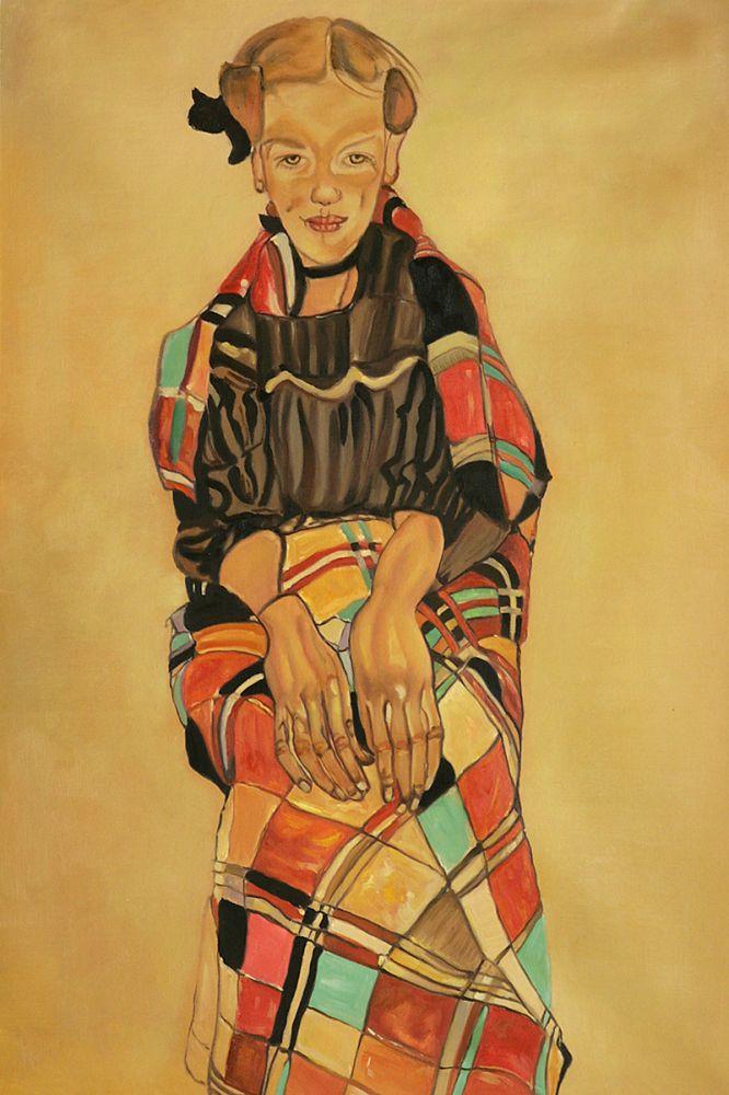 Girl in Black Pinafore, Wrapped in Plaid Blanket, 1910