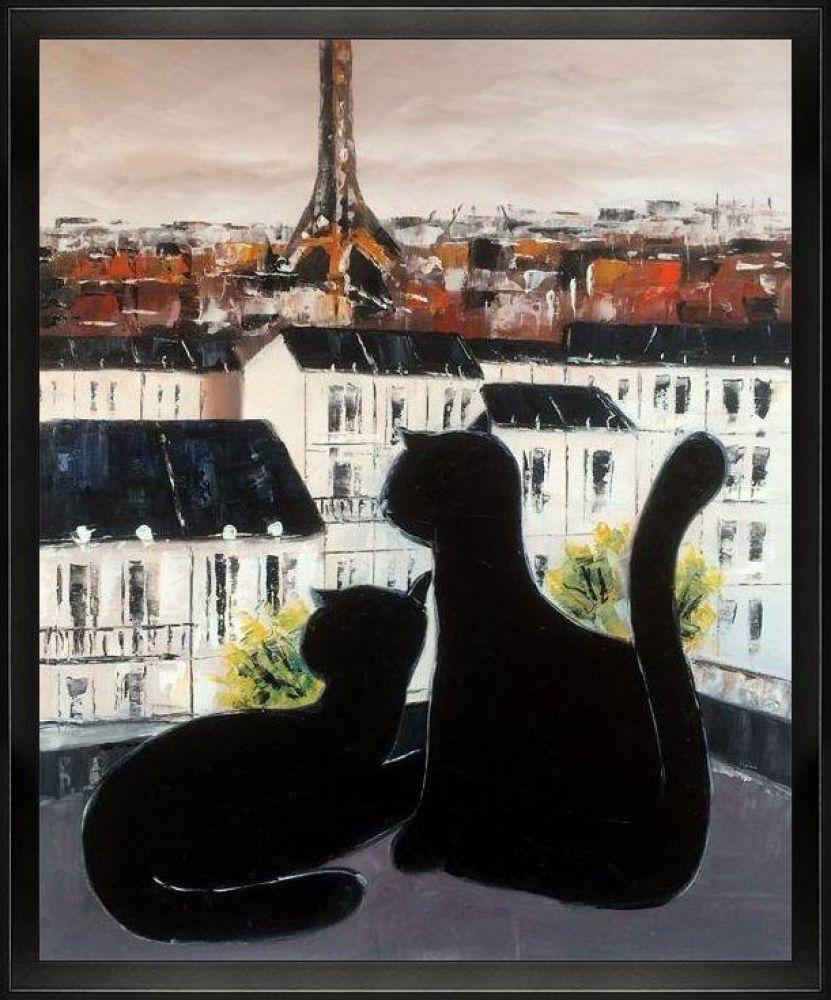 Black Cat with His Pretty on Paris Roofs III Reproduction Pre-framed - Studio Black Wood Angle Frame 20"X24"