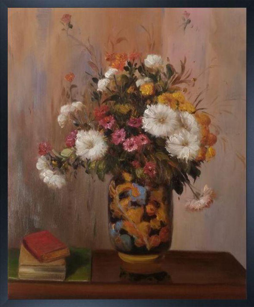 Bouquet of Flowers: Chrysanthemums in a China Vase Pre-framed - Studio Black Wood Frame 20"X24"