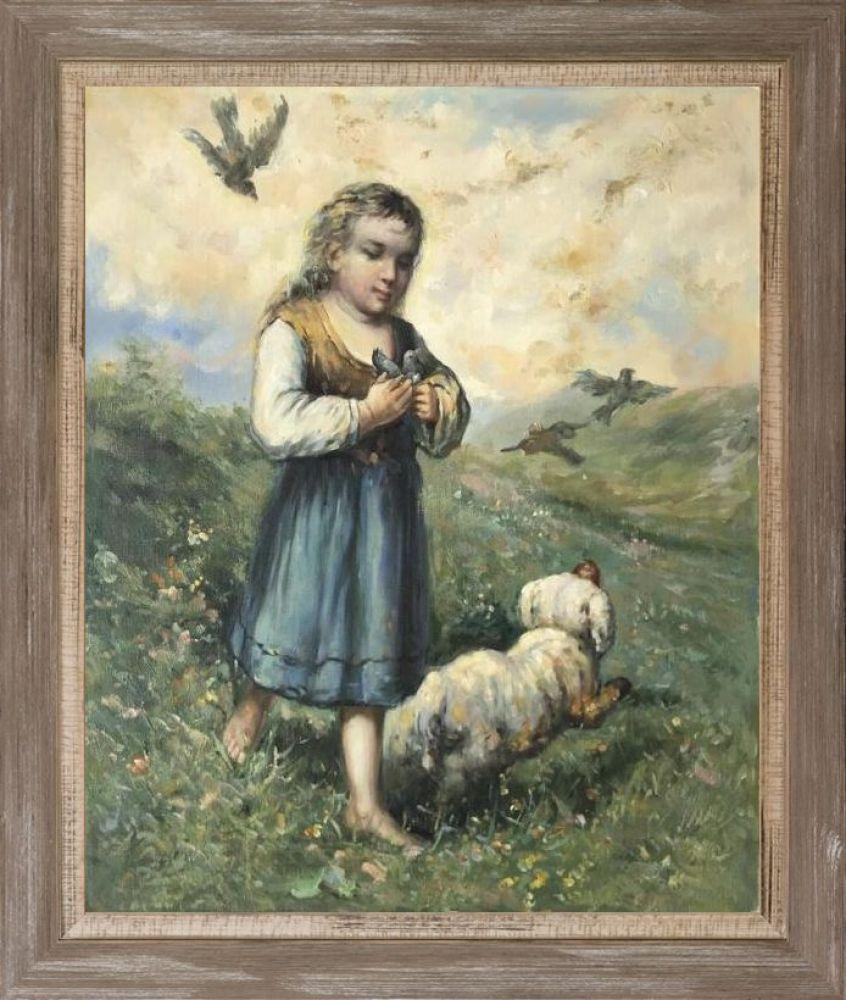 Child with Birds and Dog Pre-Framed - Miramar Distressed Charcoal Grey Frame 20" X 24"