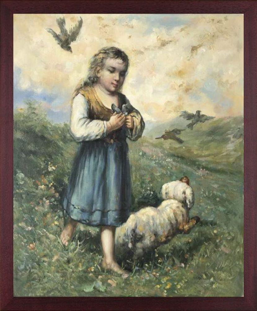 Child with Birds and Dog Pre-framed - Open Grain Mahogany 20" X 24"