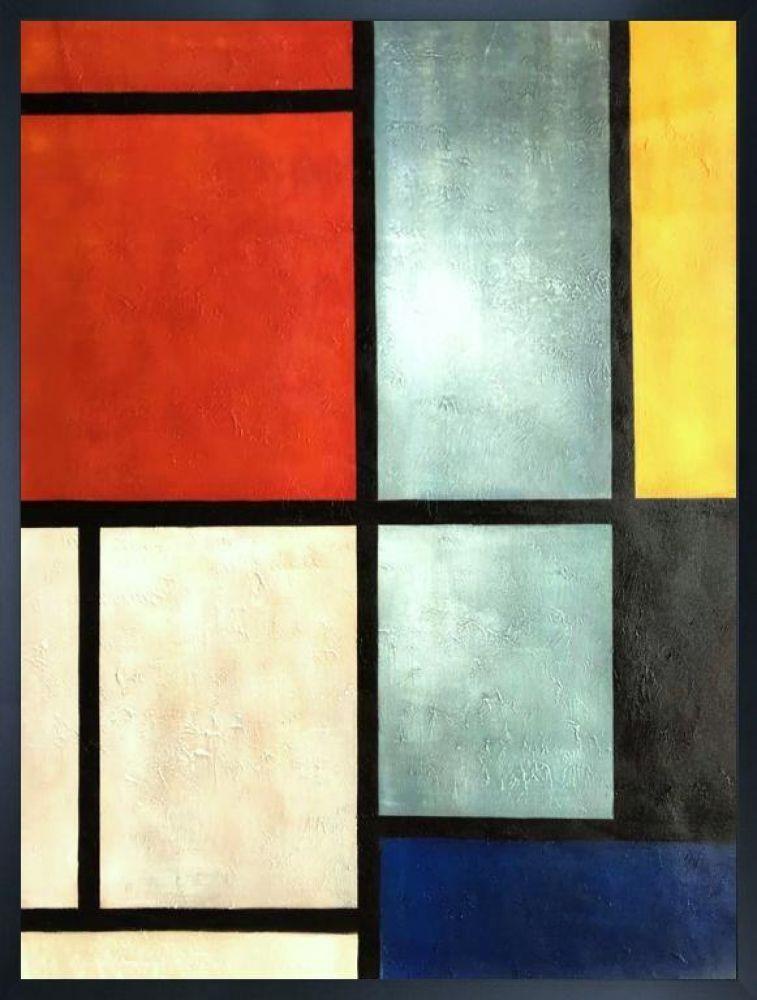 Tableau 3 with Orange -Red, Yellow, Black, Blue and Gray Pre-framed - Studio Black Wood Frame 30"X40"