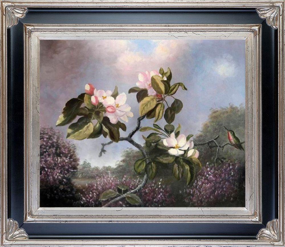 Apple Blossoms and Hummingbird Pre-Framed - Corinthian Aged Silver Frame 20"X24"