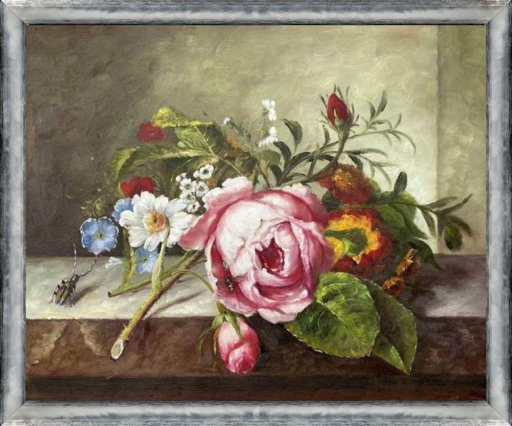 Spray of Flowers, with a Beetle on a Stone Balustrade Pre-Framed - Piccino Luminoso Silver Frame 20" X 24"