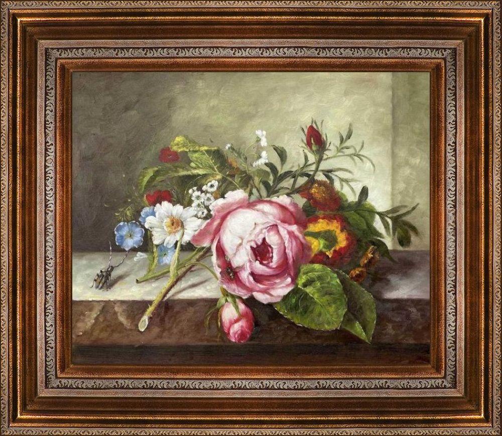 Spray of Flowers, with a Beetle on a Stone Balustrade Pre-Framed - Mediterranean Bronze Frame 20"X24"