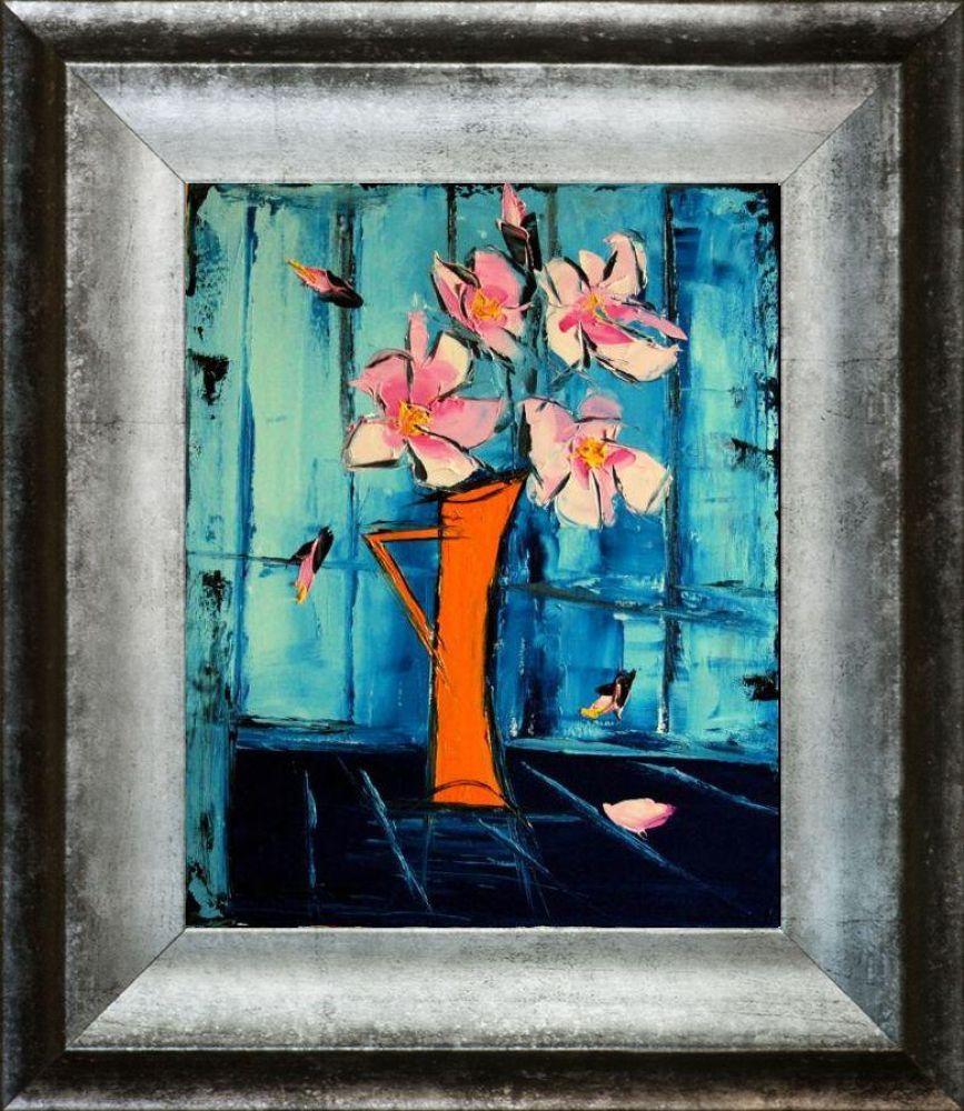 Flowers on blue background Pre-framed - Athenian Distressed Silver Frame 8"x10"