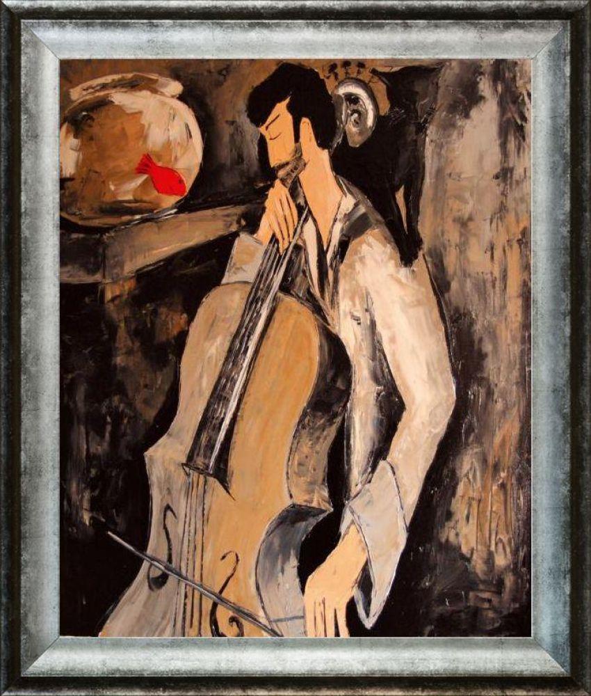Cellist with goldfish and black cat Pre-framed - Athenian Distressed Silver Frame 20"X24"