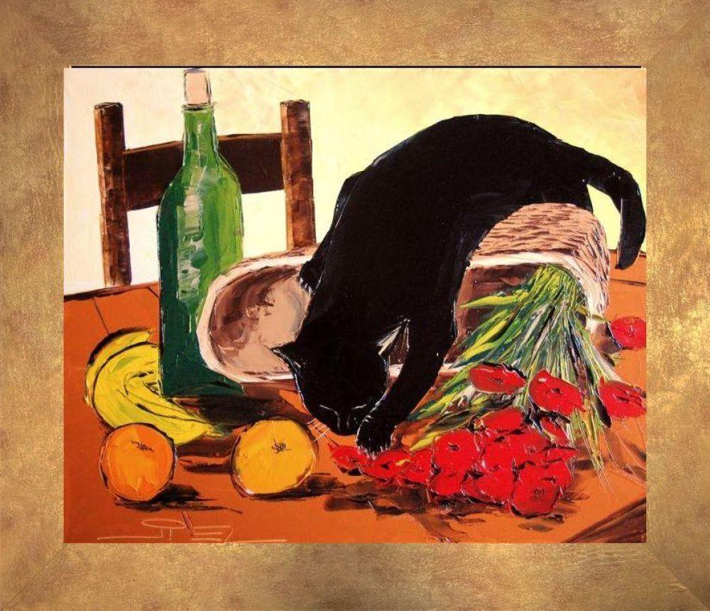 Return from Market with Black Cat (Bouquet) Hi-End Print on Canvas Pre-framed - Florentine Gold Frame 20"X24"
