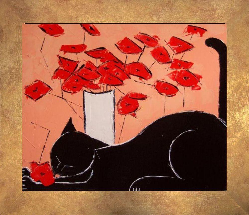Black Cat with Poppies Pre-framed - Florentine Gold Frame 20"X24"