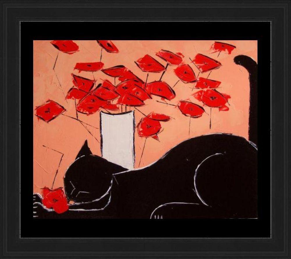 Black cat with poppies Pre-framed - Black Gallery