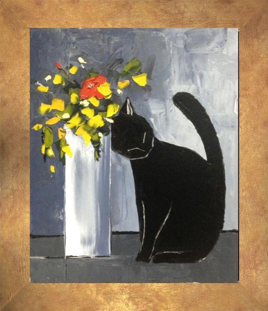 Black Cat and His Flowers Pre-framed - Florentine Gold Frame 20"X24"