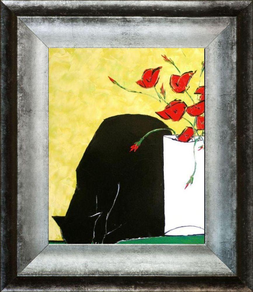 Black Cat and His Poppies Pre-framed - Athenian Distressed Silver Frame 8"x10"