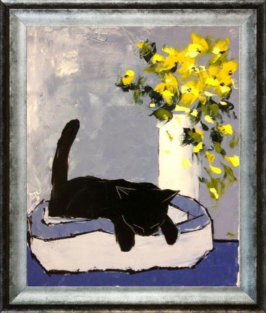 Black Cat is Sleeping Pre-framed - Athenian Distressed Silver Frame 20"X24"