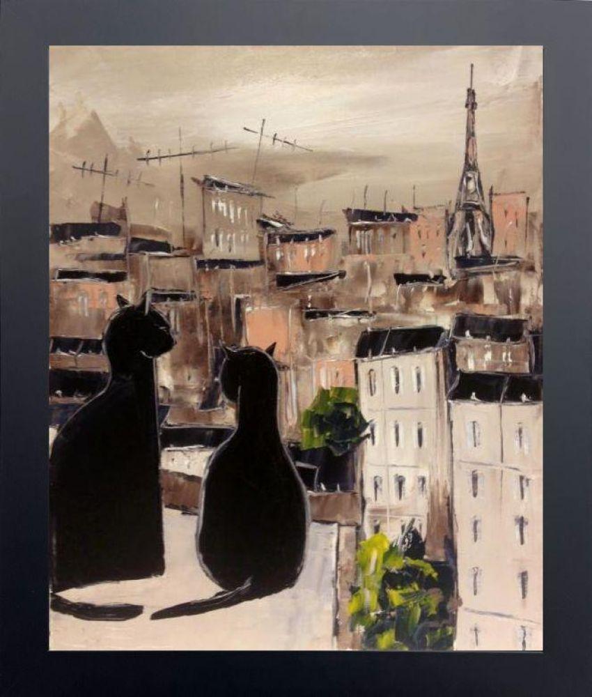 Black Cat and His Pretty on Paris Roofs Pre-framed - Flat Black Gallery Frame 20"X24"