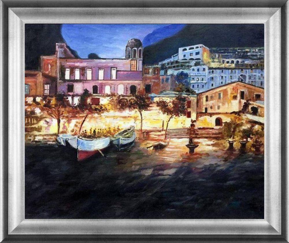 Positano by Night Reproduction Pre-framed - Athenian Silver Frame 20"X24"