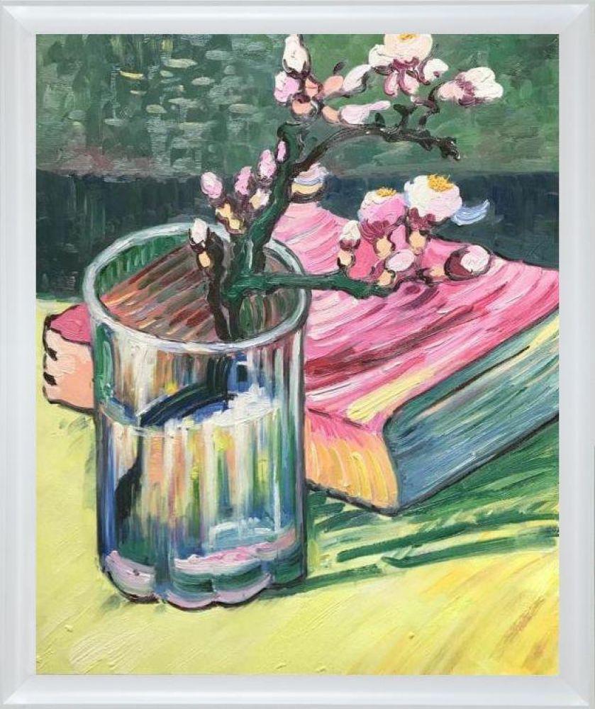 Blossoming Almond Branch in a Glass with a Book, 1888 Pre-framed - Moderne Blanc Frame 20" X 24"