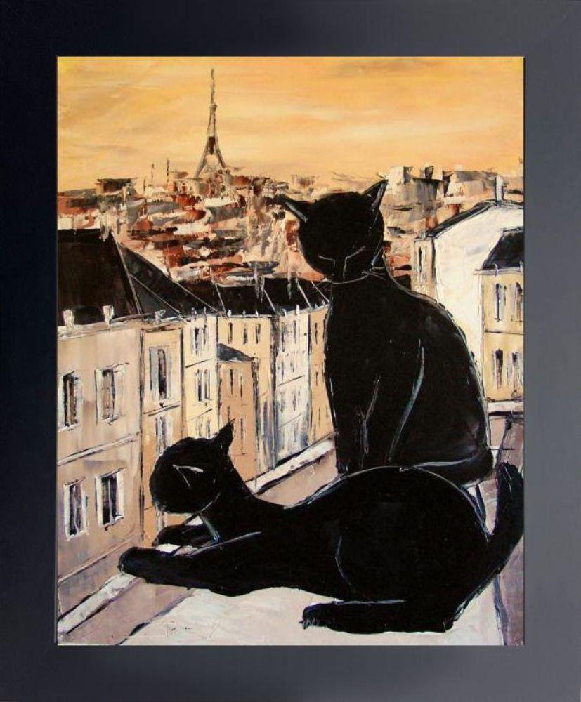Black cat and his pretty on Paris roofs Pre-framed - Flat Black Studio Frame 16"X20"