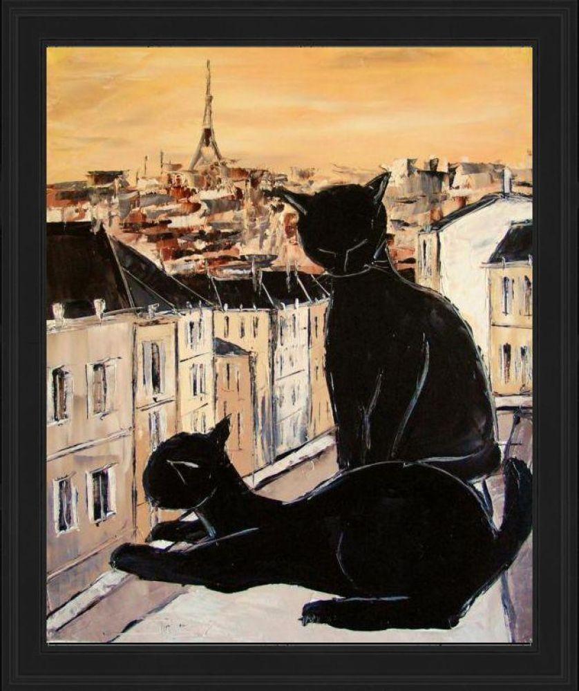 Black cat and his pretty on Paris roofs Pre-framed - Black Gallery