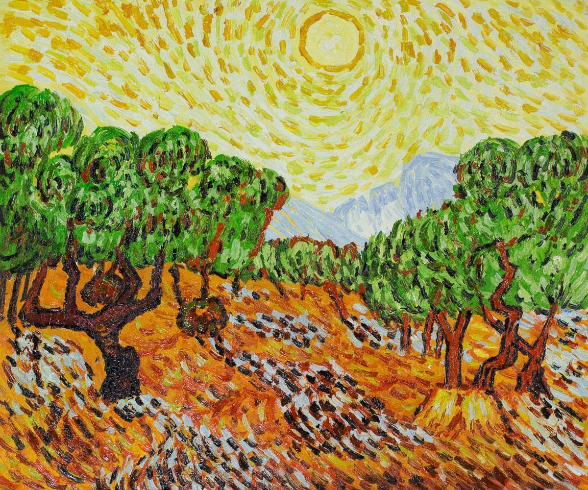 Olive Trees with Yellow Sun and Sky