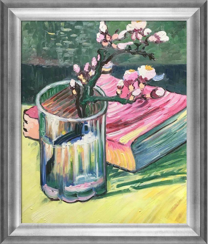 Blossoming Almond Branch in a Glass with a Book Pre-Framed - Athenian Silver Frame 20"X24"