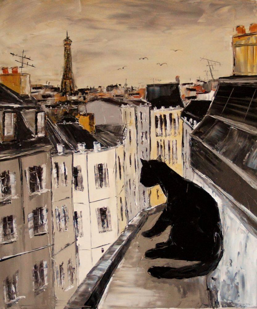 Black cat on roofs of Paris