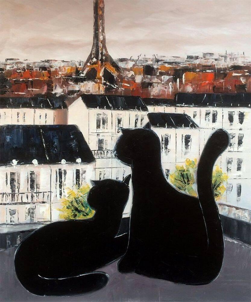 Black Cat with His Pretty on Paris Roofs III Reproduction