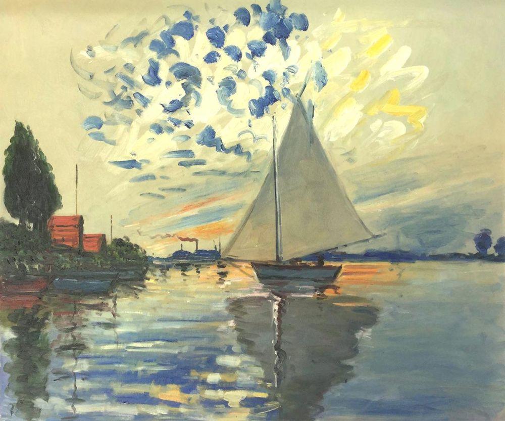 Claude Monet Sailboat At Le Petit Gennevilliers Hand Painted Oil 