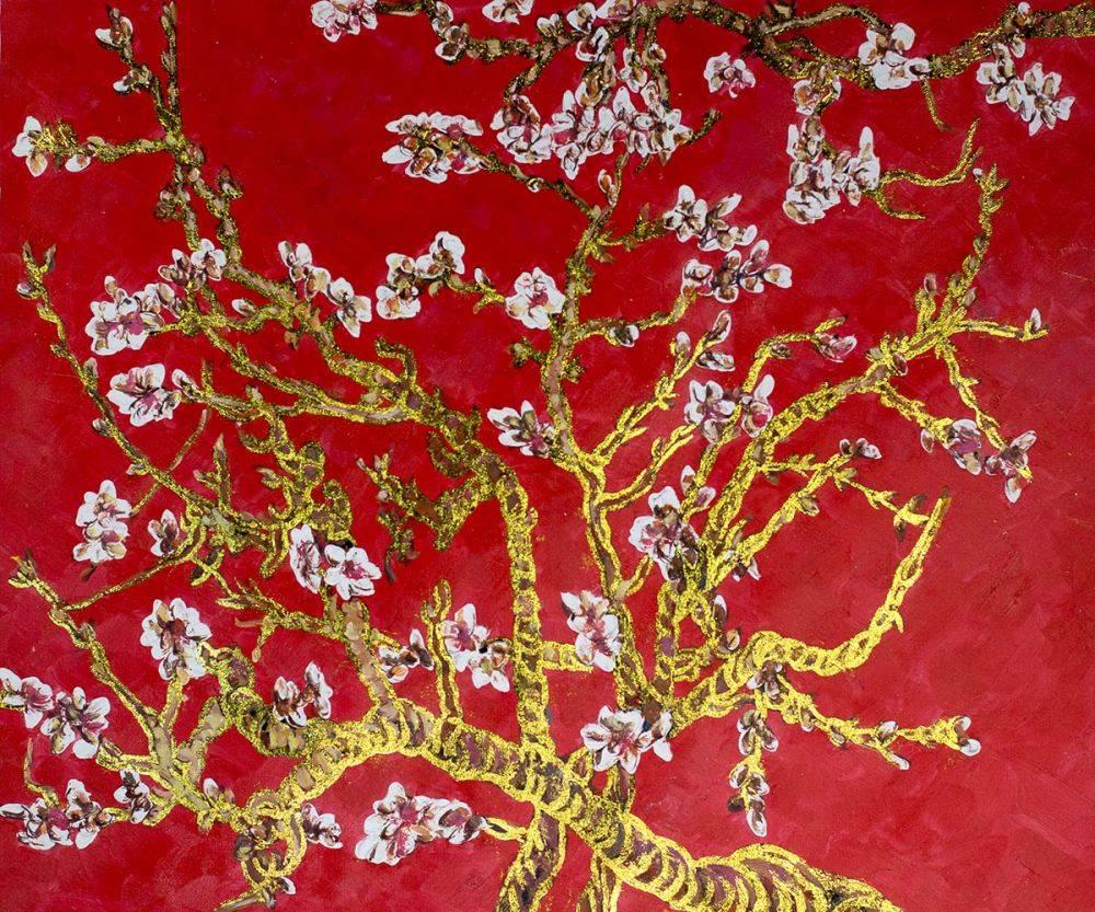 Ruby Red Framed Hand Painted Original Artwork With Versailles Silver King Frame La Pastiche Almond Tree In Blossom